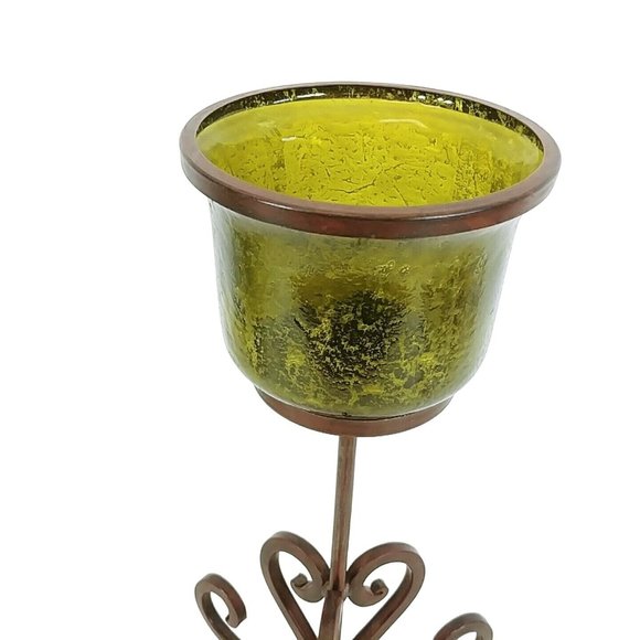 Candle Holder Heavy Scroll Steel Stand Green Crackle Glass Wind Shade 17" - Picture 2 of 8